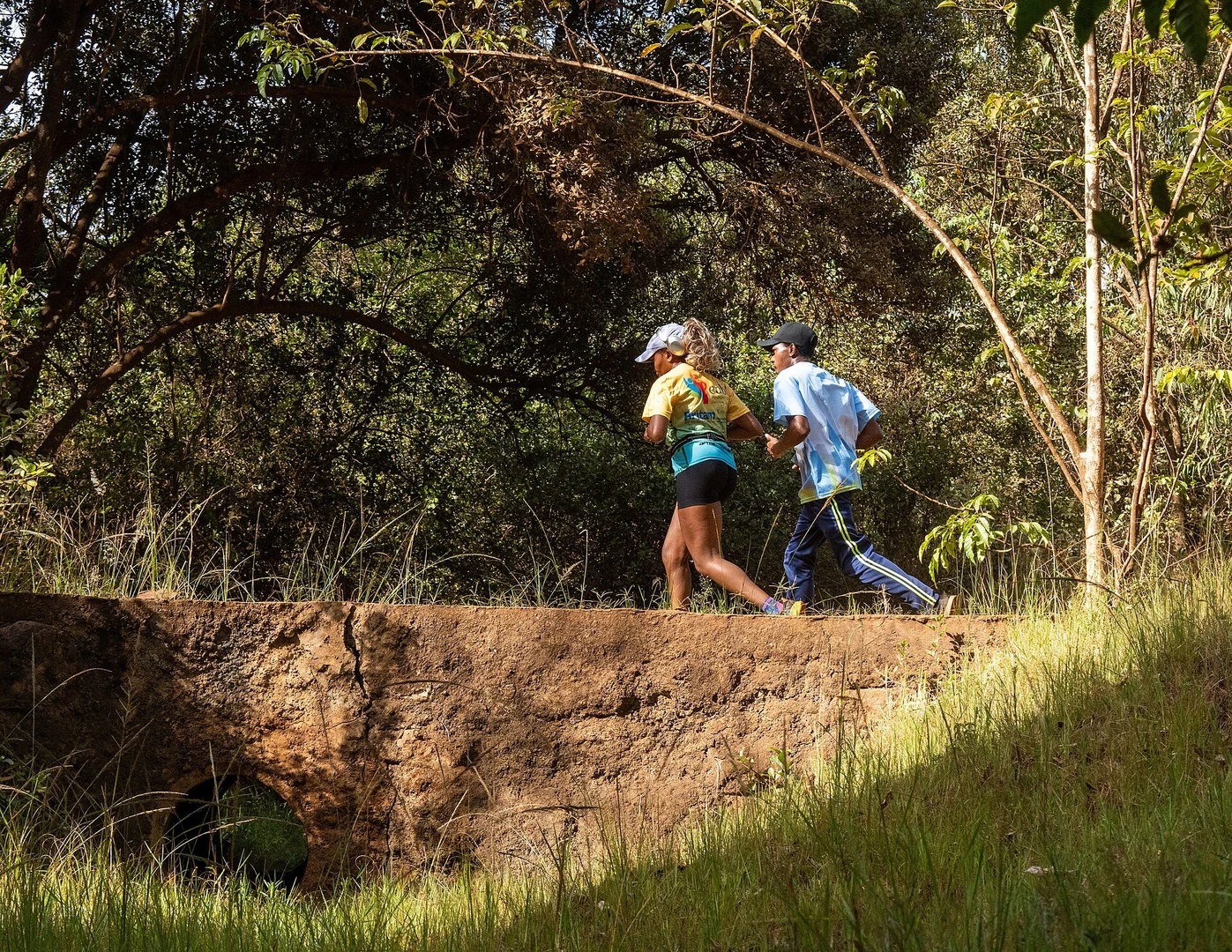 Two runners crossing a trail bridge in Karura Forest, Nairobi